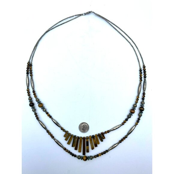 Vintage Tigers Eye & Silver Double Strand Beaded Hand Crafted Statement Necklace - Picture 9 of 9
